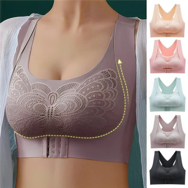 Women Postural Corection Cross Back Bralette Seamless Push-up Shapewear Front Closure Triple Breasted New Lace Butterfly Wing Bra (Double Layer)