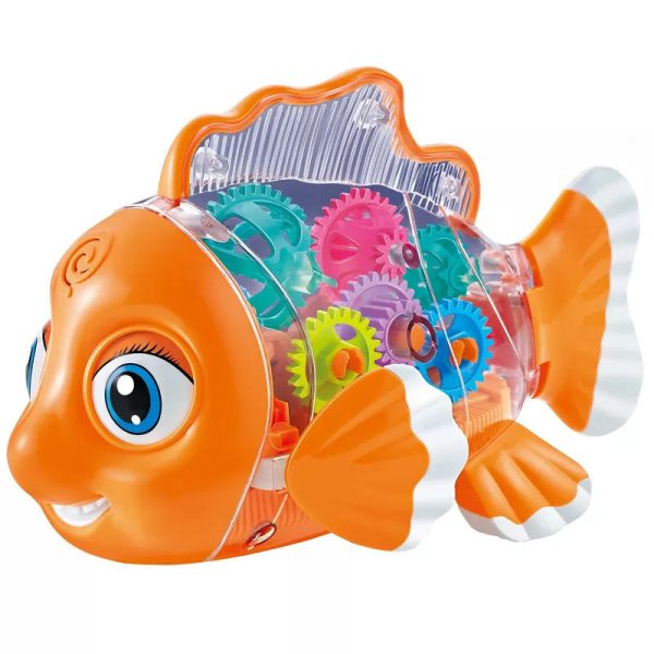 Electric Clown Fish Universal Transparent Pinion Gear Tail Swing Rotating Dazzling Light & Music Fish Toy For Kids
