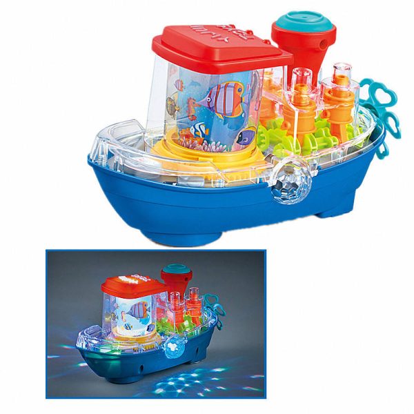 Electric Universal Transparent Gear Boat With 360° Rotation Music Lights Underwater World Projection Rotating Toy Boat For Kids