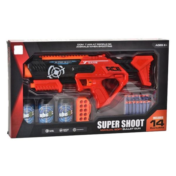 Super Shoot Long Distance Manual Soft Bullet Gun with 14 EVA Bullets Red Color Safe Toy For Kids